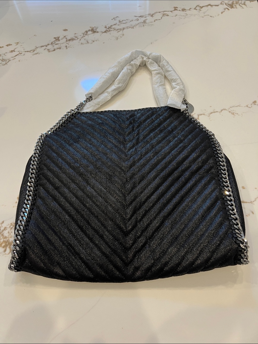 Stella McCartney Black Quilted Chevron Shoulder Bag with Silver Chain Large Bag